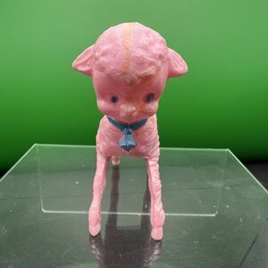 Vintage 1950s Lamb Baby Rattle Toy Pink  Blue Bow Bell Plastic Figure